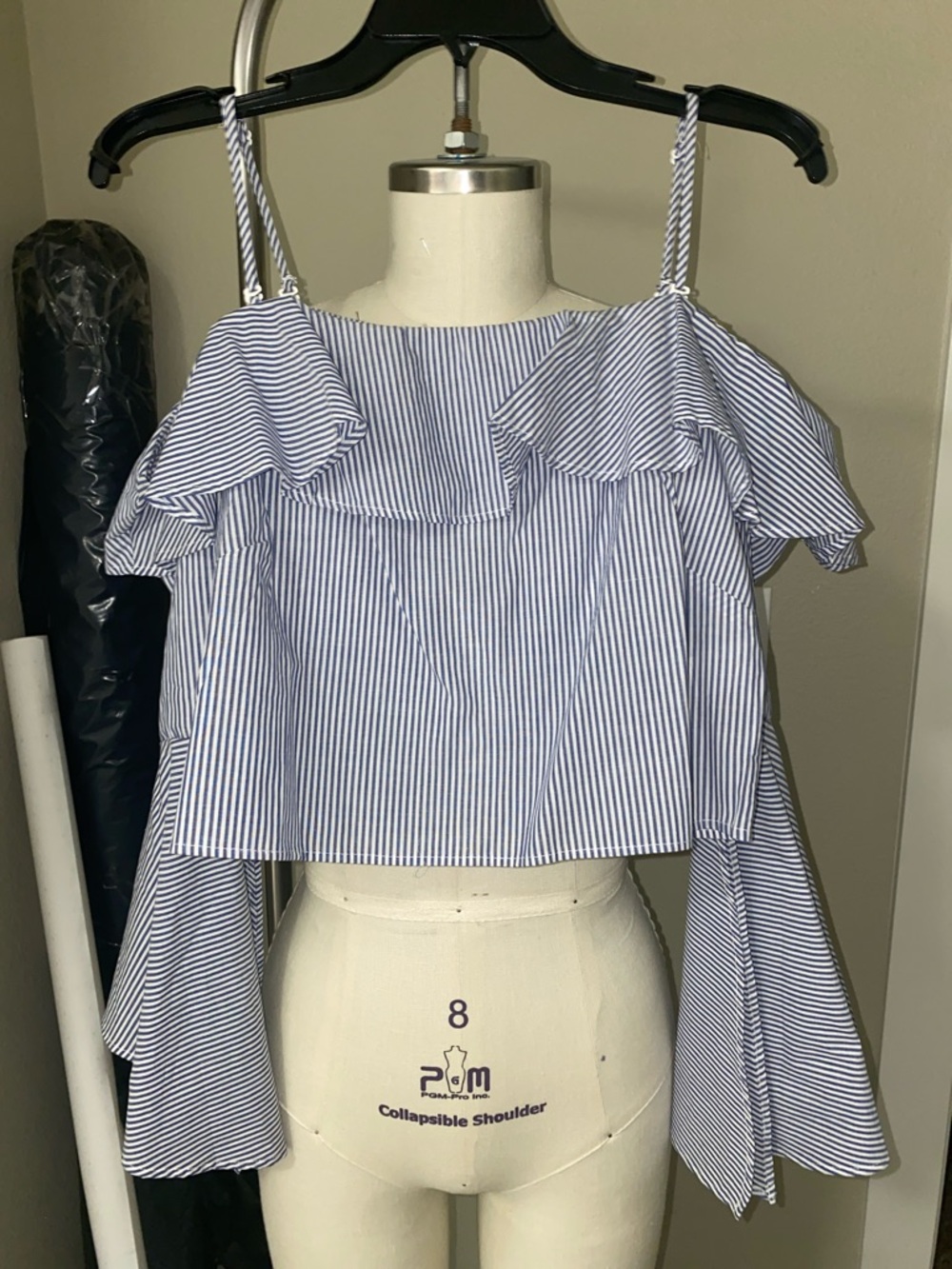 Charlotte Russe Blue and White Striped Ruffle Cold-Shoulder Tank